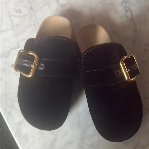 Prada Black Suede Clogs with Gold Buckles